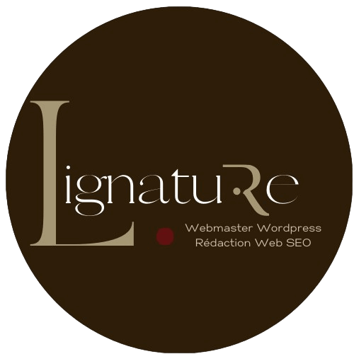 Logo Lignature rond sur fond marron avec des majuscules taupe.