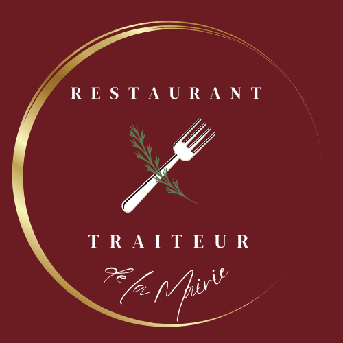 Logo sur fond rouge basque d'un restaurant traiteur avec un cercle doré et une fourchette au centre.